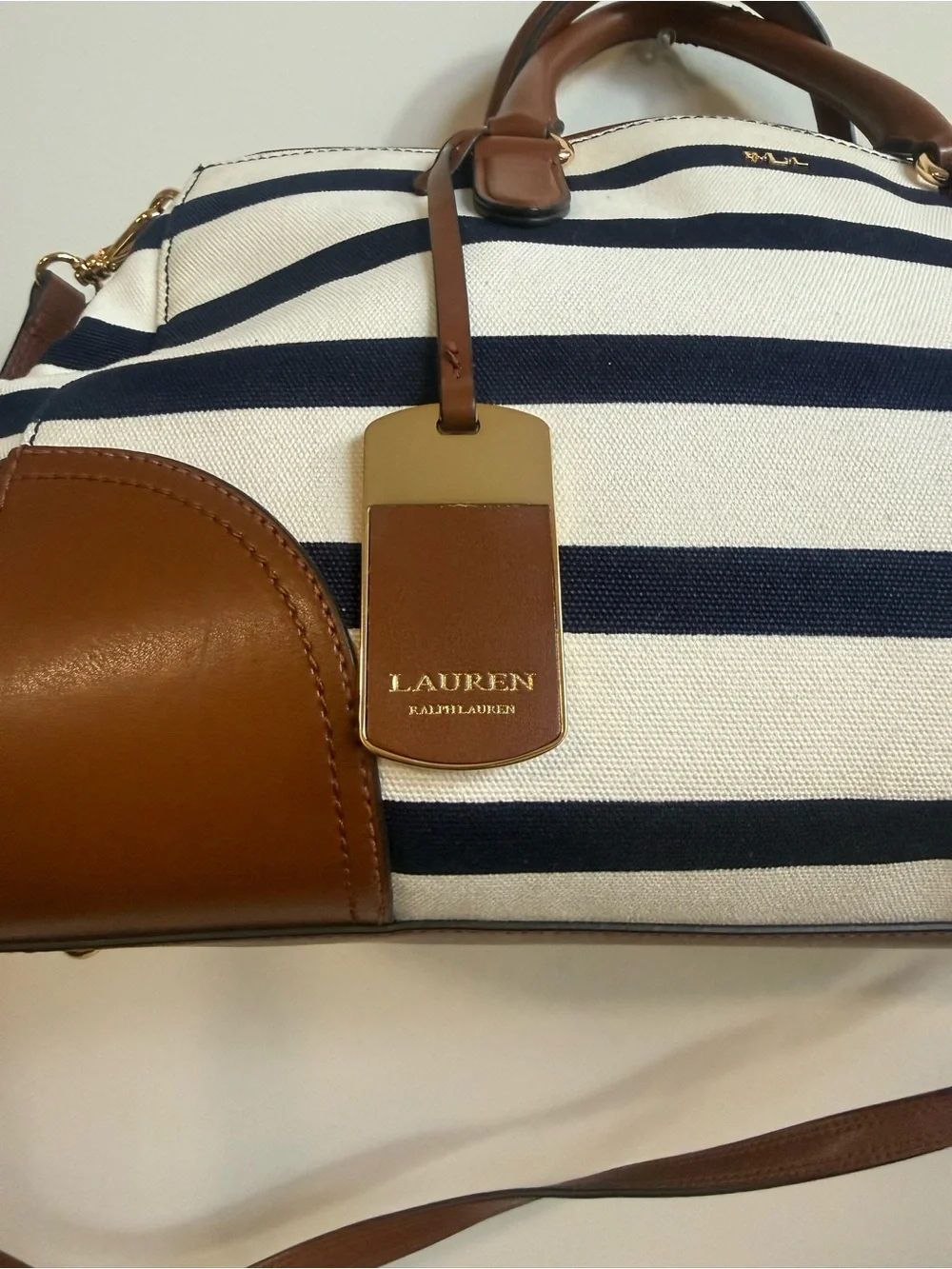 Ralph Lauren Black & White Striped Canvas Weekender with Brown Leather